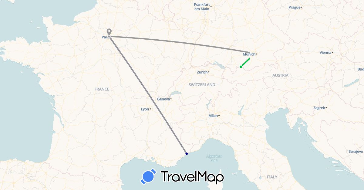 TravelMap itinerary: driving, bus, plane in Germany, France (Europe)